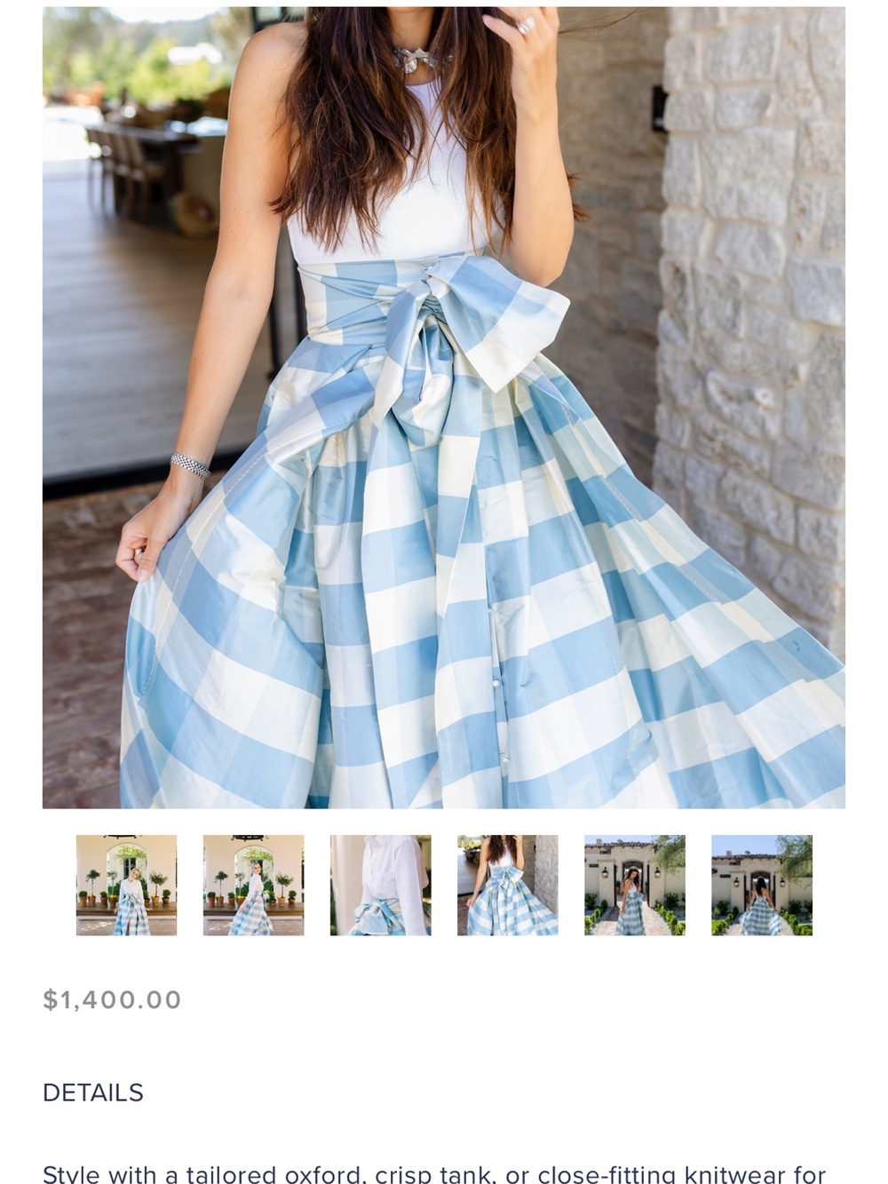 Luciana Atelier Silk A-Line Blue and White Gingham Bow Maxi Skirt